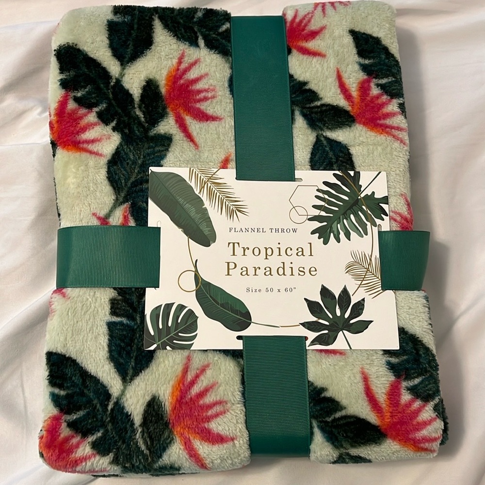 Tropical Paradise Flannel Throw - Leaves and Flowers Print